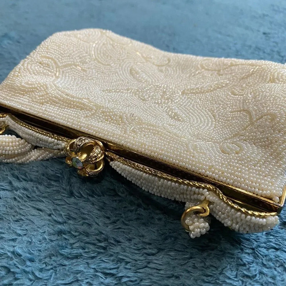 Vintage Women's Handbag Made In Japan Ivory White Italian Bead Purse Clasp - Picture 2 of 16
